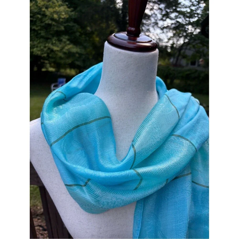 Vintage India Elephant Motif Scarf Shawl Turquoise Gold Sheer Silk Wrap